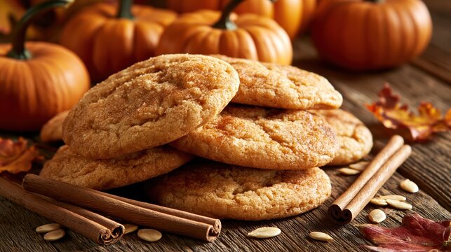 Warm snickerdoodle cookies with cinnamon sticks and pumpkins on rustic wood during autumn harvest season
