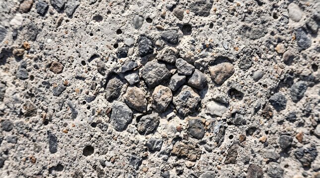 Macro top view showing rough grey concrete surface texture with embedded gravel stones inside industrial urban ground