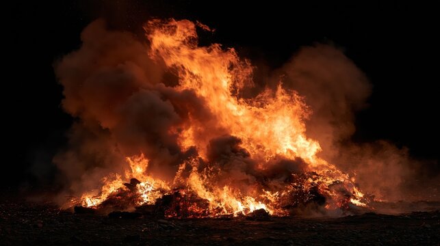 Wild bonfire flames erupting in dark night during outdoor gathering with dramatic smoke plumes