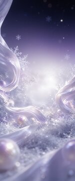 銀色の光沢リボンと雪の結晶が輝く幻想的な縦長冬背景