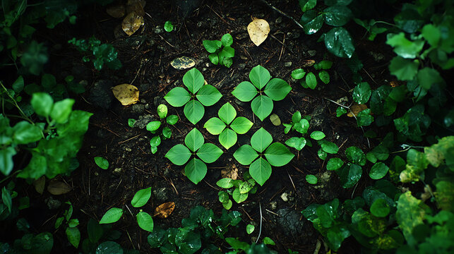 Symmetrically arranged green leaves forming a geometric floral pattern on a dark forest floor