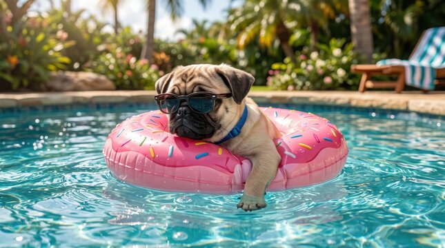 Fawn pug dog wearing black sunglasses relaxing on a pink donut shaped inflatable pool float in clear blue swimming pool water surrounded by tropical palm trees and lush green garden foliage