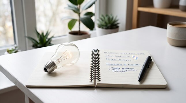 Open notebook with handwritten business strategy plan for year 2024, light bulb symbolizing new ideas and innovation, market analysis goals, creative brainstorming session