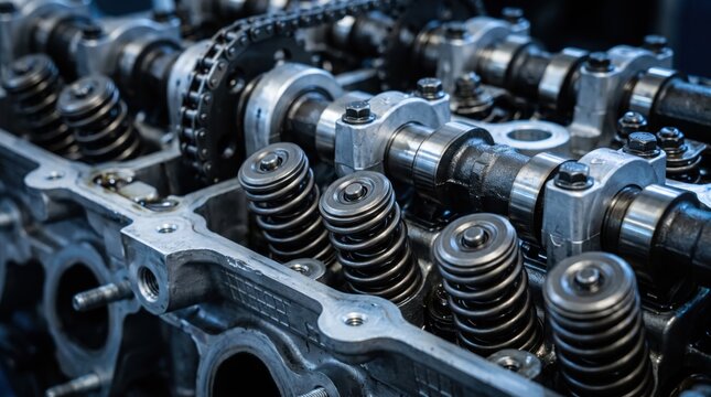 view of internal combustion engine components showing camshaft, valve springs, and timing chain mechanism, detailed automotive engineering parts for repair, maintenance