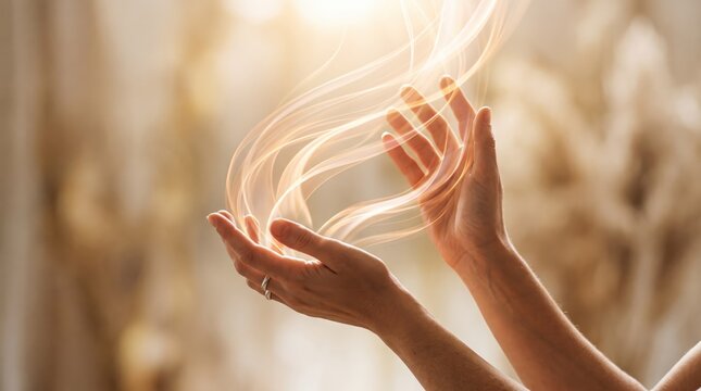 Female hands gently holding swirling magical light energy or spiritual aura against a warm sunlit, representing healing, reiki, mindfulness, meditation, wellness, and positive