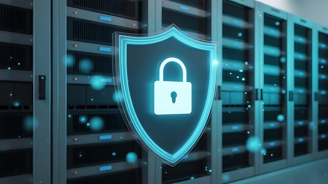 Glowing shield with lock floating in front of server room racks representing cybersecurity and data center protection for cloud infrastructure