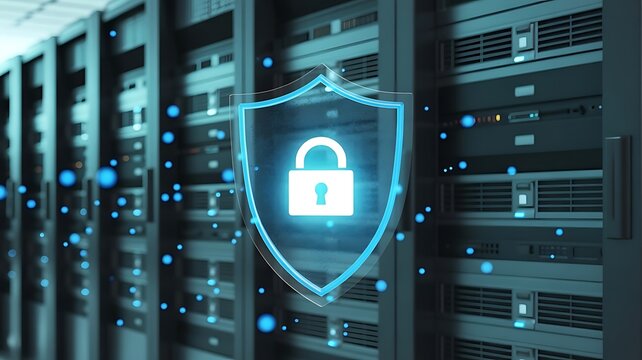 Glowing shield with lock floating in front of server room racks representing cybersecurity and data center protection for cloud infrastructure