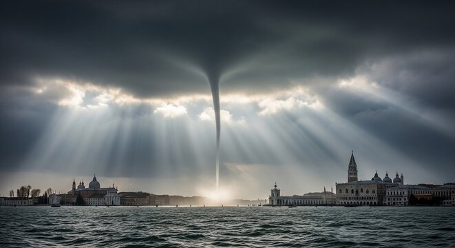 Tornado over cityscape