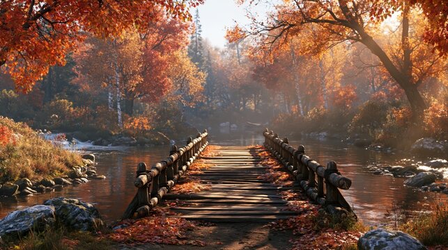 Wooden bridge over a calm river during autumn foliage with warm sunlight creating a serene landscape
