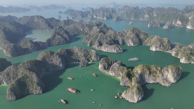 Aerial view of the natural scenery of the karst peak forest in Ha Long Bay, Vietnam
