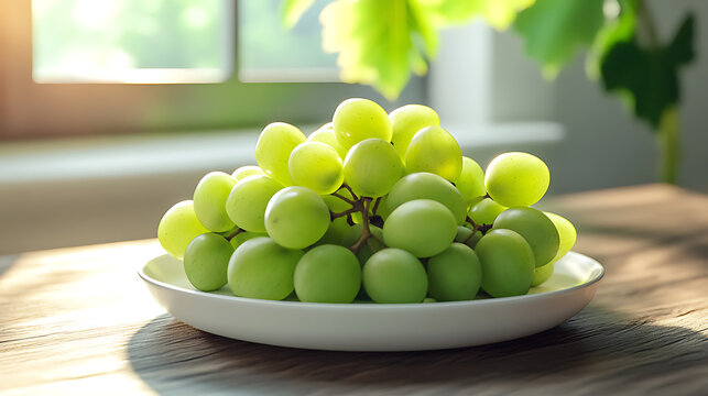 Fresh green grapes on a white plate on a wooden table with soft morning light and window background