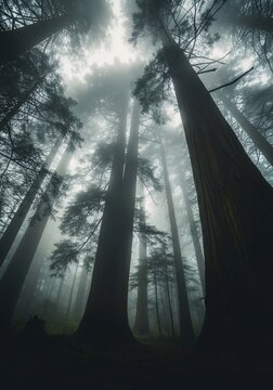 Towering trees misty forest