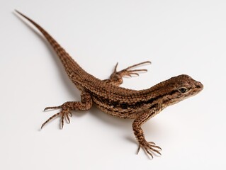 Naklejka premium A detailed closeup of a small brown lizard with textured scales and a long tail, captured in a studio setting isolated on white background