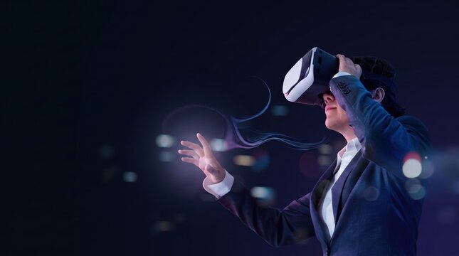 Professional businessman wearing a virtual reality headset exploring a futuristic digital world, reaching out to touch abstract holographic data streams, representing immersive
