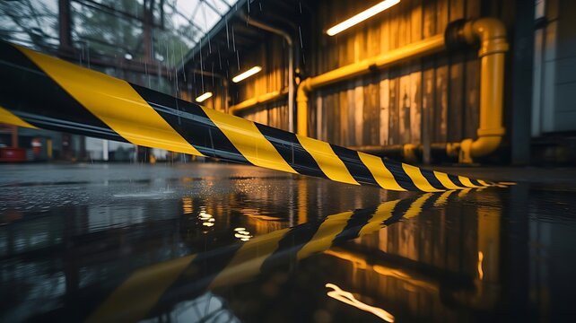 Industrial warehouse interior featuring yellow safety pipes and black and yellow caution tape hanging over a dark wet floor with moody lighting
