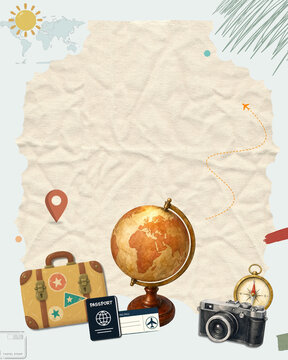 Vintage Travel Background with Globe Suitcase Camera and Copy Space