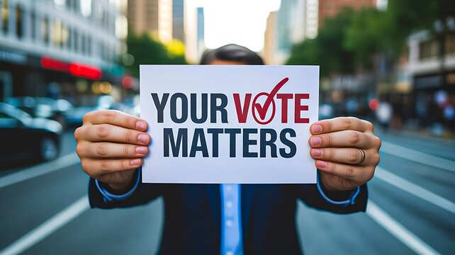 Person holding your vote matters sign during an urban election campaign