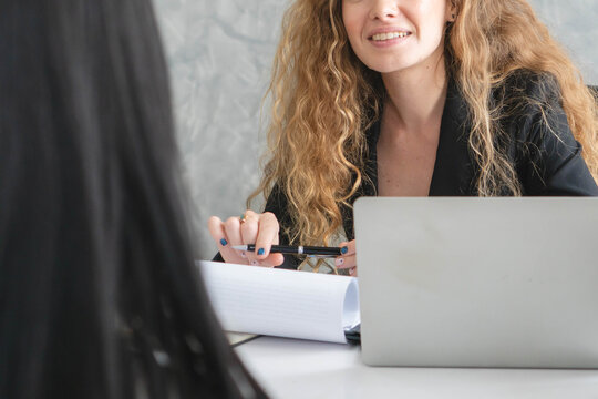 business woman interviewing new applicant candidate for marketing team staff for her team