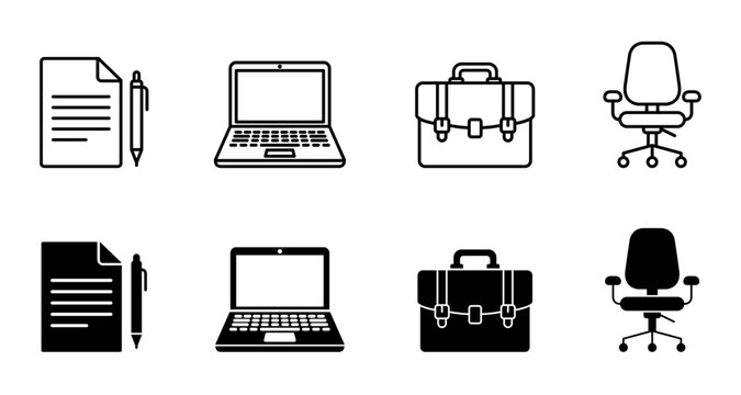 Office workspace and business equipment vector icon set featuring document, laptop, briefcase, and chair symbols in line and filled styles for UI design.