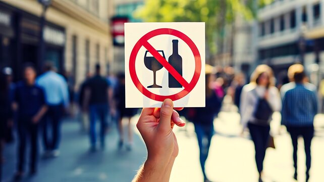 No alcohol prohibition sign held in a busy urban street