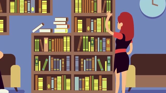 2D Animated Young Woman Standing on Tiptoes Reaching for Book on High Library Bookshelf Flat Vector Character Animation Footage