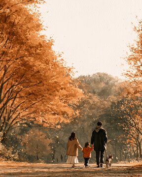 Family walking through autumn park with dog watercolor illustration