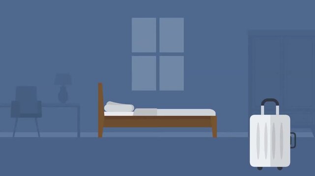 2D Animated Empty Hotel Room Bedroom Interior with Rolling Suitcase Luggage Flat Vector Motion Graphics Animation Footage