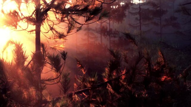 Sunlight shines through trees in a forest during the evening. The warm light creates shadows and highlights on the foliage as day turns to night.