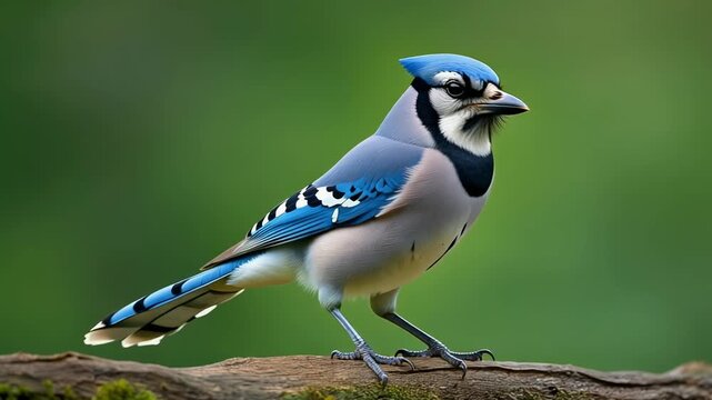 Blue jay gently hopping in green screen studio tropical bird moving calmly showcasing wildlife charm and natural presence for creative environment application