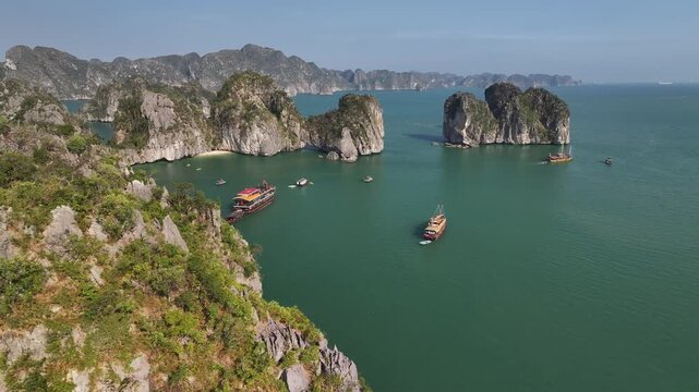 Aerial view of the natural scenery of the karst peaks and forests in Ha Long Bay, Vietnam