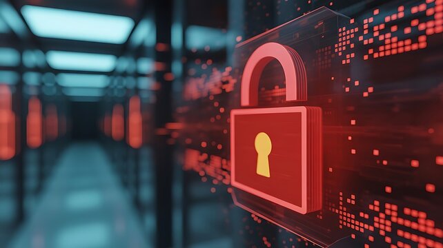 Red digital padlock symbol floating in dark server room corridor concept for cybersecurity data breach prevention and network information security