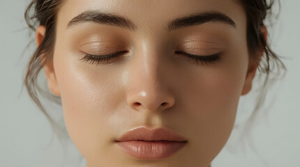 Fototapeta premium Calm meditating woman face closeup with natural beauty and soft skin