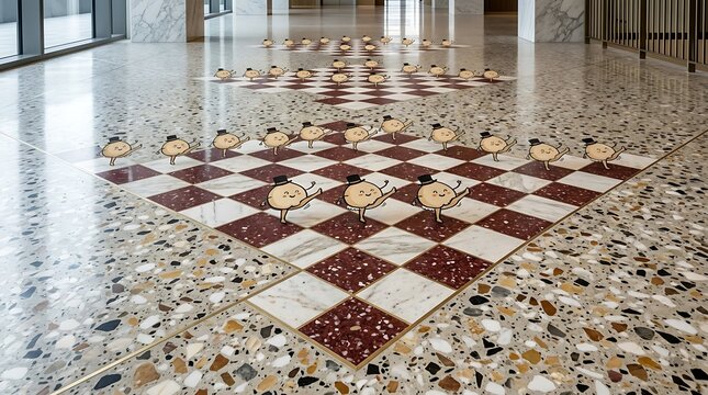 Modern terrazzo floor with checkered pattern, artistic marble tile installation, creative interior design in luxury building lobby