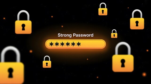 Strong password security concept with a glowing input field and multiple floating yellow padlock on a dark background, with orange light sparks