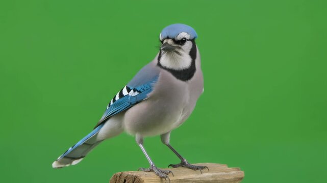 Blue jay standing perched facing forward in isolated green screen background tropical bird pausing calmly showcasing wildlife beauty and strong animal presence
