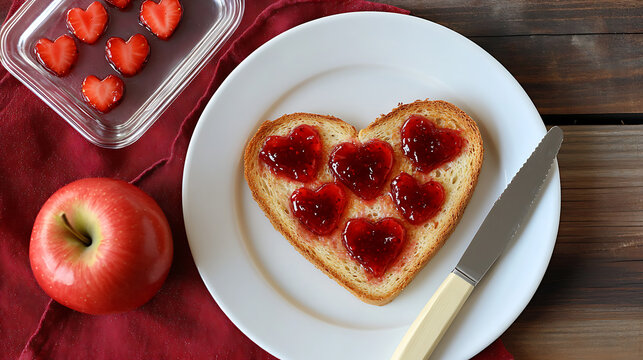 Heart-shaped toast topped with multiple strawberry jam hearts, a fresh red apple, and a knife on a white plate