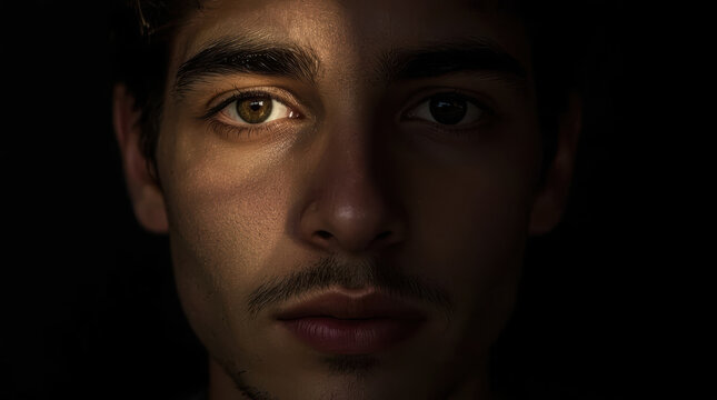 Close up male face dramatic split lighting brown eye dark background