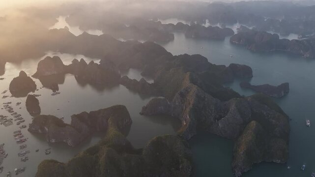Aerial view of the natural scenery of the karst peak forest in Ha Long Bay, Vietnam