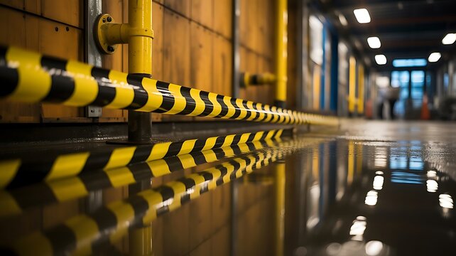 Yellow and black hazard warning tape on wet factory floor with industrial pipes and blurred background, showing workplace safety, and risk management