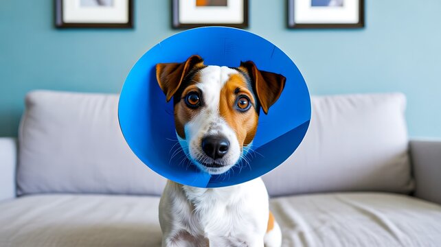 Injured dog wearing a protective cone while resting on a sofa at home