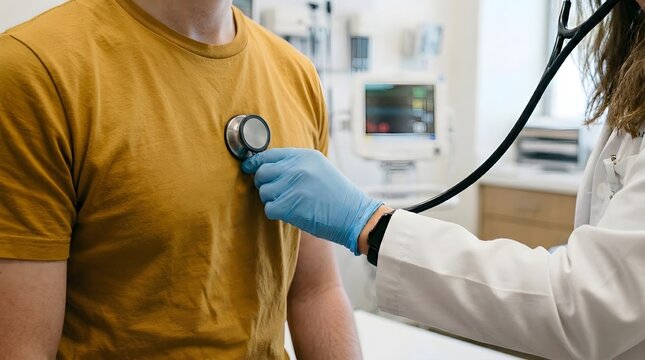 Doctor listening to a male patient's heartbeat with a stethoscope in a bright medical office