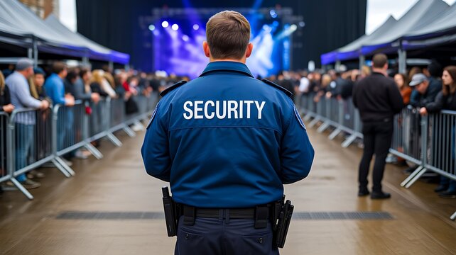 Security officer monitoring a crowded event entrance with barriers and attendees
