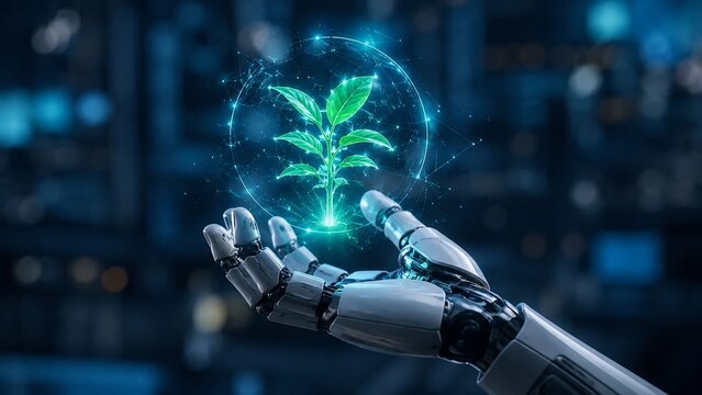 Futuristic robot hand holding a glowing digital plant hologram symbolizing ecology and green technology