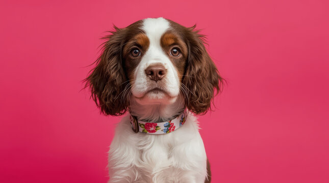 Cocker Spaniel puppy wearing floral collar against pink background