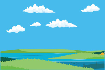 Fototapeta premium Peaceful green countryside landscape with a blue lake, clear sky, and fluffy clouds.Blue sky concept. Colored flat graphic vector ilustration isolated