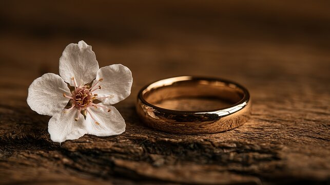 Elegant gold wedding ring resting beside a delicate blossom, symbolizing eternal love and commitment on a rustic wooden surface, concept for marriage