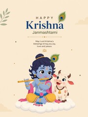 Fototapeta premium Creative Janmashtami social media post with cute Krishna playing flute and baby cow