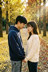 Fototapeta premium AI generated romantic couple walking in autumn street