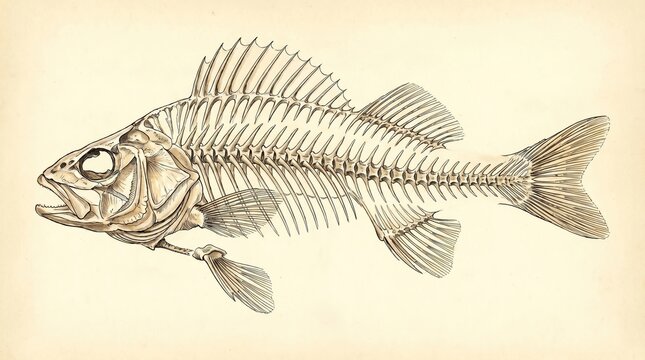 Vintage illustration of detailed fish skeleton on beige background