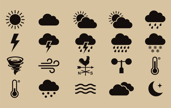 Forecast and meteorological icon collection with shadow shapes of sunny partly cloudy thunderstorm heavy rain blizzard anemometer and temperature suitable for app design layout